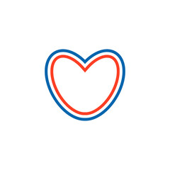 Heart contour made up of colorful stripes - blue, white, red. French symbol, sign, frame, border. Line vector illustration, isolated on a transparent background. Decorative element.