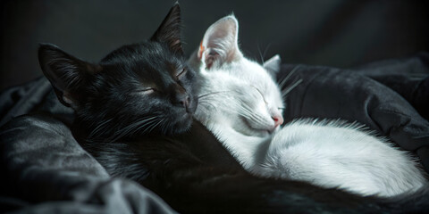 Black and White Cats Cuddling Together in Peaceful Sleep on a Cozy Blanket
