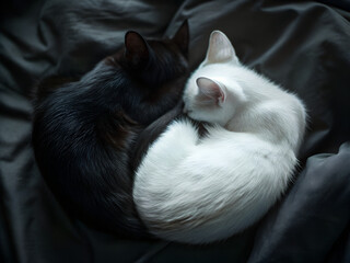 Black and White Cats Cuddling Together in Peaceful Sleep on a Cozy Blanket