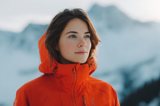 portrait of hiker in softshell jacket standing beneath snowy mountain ridge