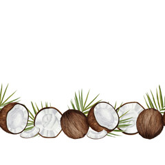 Watercolor border featuring whole and half coconuts against a background of green tropical palm leaves. This seamless horizontal design is perfect for summer invitations, beach themed decorations,