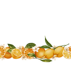 Watercolor border with juicy lemons, sweet oranges, fresh green leaves and delicate white flowers. Perfect for summer invitations, kitchen prints, labels, packaging, menus and digital or printed decor