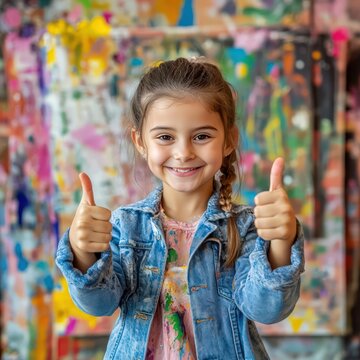 a cheerful girl giving thumbs up with both hands in a colorful art studio portrait orientation