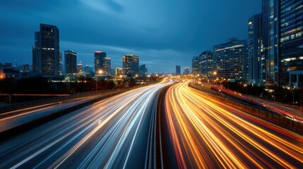"Futuristic Highway with Light Trails and Modern Cityscape – 3D Rendering"