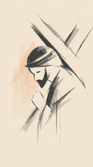 Stylized portrayal of Jesus carrying cross – earthy minimal Christian artwork expressing sacrifice and devotion