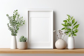 Minimal home decor with indoor plants and blank frame – concept for interior design, lifestyle, product presentation