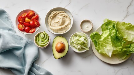 Fresh healthy ingredients on white kitchen counter – concept for vegan cooking, clean eating, salad preparation