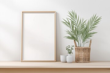 Minimal home decor with indoor plants and blank frame – concept for interior design, lifestyle, product presentation
