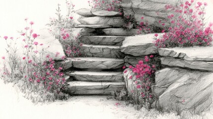 Stone steps leading upward, floral detail