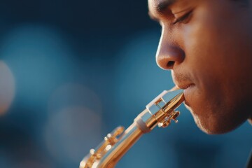 portrait of saxophonist in deep concentration during solo fingers sliding over keys under cool spotlight