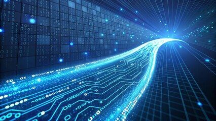Navigating the digital data stream A blue matrix-style future with advanced technology and connectivity.