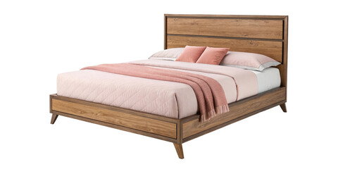 Modern wooden bed frame with pink pillows and blanket isolated on transparent background