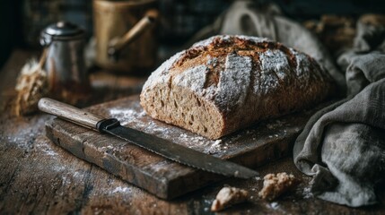 "Light Rye Bread with Vintage Bread Knife on Wooden Board"
