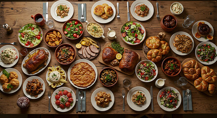 Festive Holiday Feast Abundance on Rustic Wooden Table A Diverse Array of Delicious Dishes