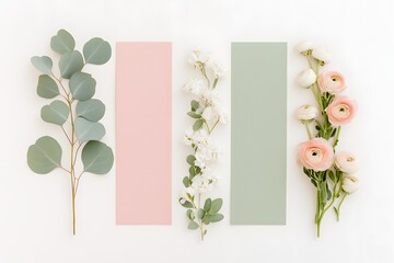 Greenery and pastel flowers with soft color swatches arranged in flat lay, Botanical inspiration board, Minimal flower styling and color planning layout

