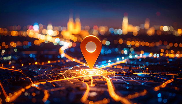 Futuristic map interface with glowing GPS location pin in smart city at night, digital navigation concept, AI-generated
