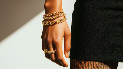 Elegant Gold Jewelry on Dark Skin – Fashion Minimalism. Close-up of a woman's hand wearing stylish gold rings and bracelets, contrasted against a black dress—chic minimalism and luxury fashion eleganc