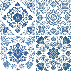 Blue and White Chinoiserie Toile Floral Tile