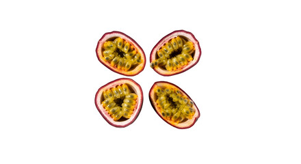 Passion Fruit Halves Displayed on Transparent Background Showcases Seeds and Pulp Detail