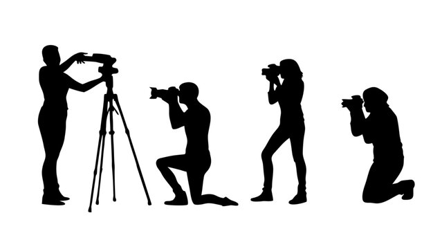 Sheet of Silhouette Photographers in Action – Kneeling, Adjusting Camera, Tripod Setup PNG Transparent Background