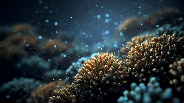 Bioluminescent coral spawning event underwater glowing gametes rising warm ocean current coral reef ecosystem with cinematic lighting and realism