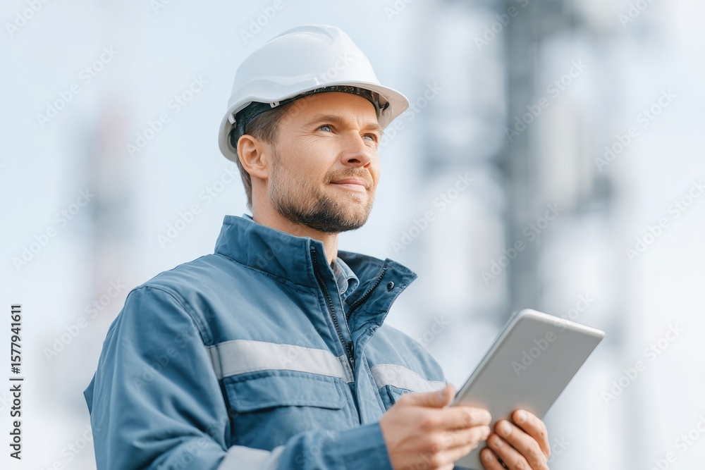 Aufkleber portrait of telecom engineer inspecting 5g broadcast antenna with tablet