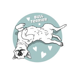 Obraz premium Cute white Bull Terrier lying on a blue-gray circle with hearts. Playful minimal vector illustration with subtle shadow, perfect for dog lovers and pet-themed designs