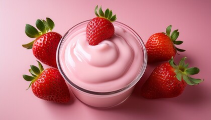a delectable cup of strawberry yogurt sits against a soft pink background crowned with a vibrant strawberry slice inviting all for a delightful taste generative ai