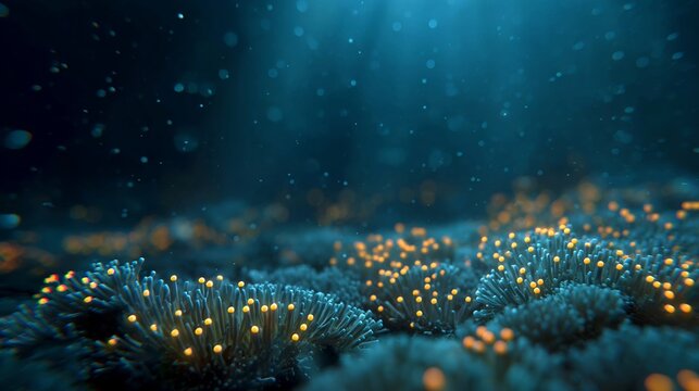 Bioluminescent coral spawning event underwater glowing gametes rising warm ocean current coral reef ecosystem with cinematic lighting and realism