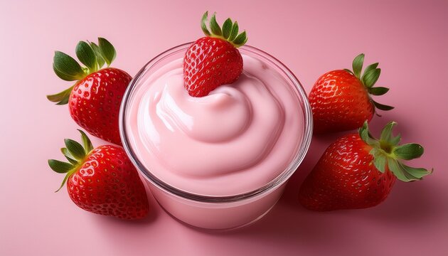 a delectable cup of strawberry yogurt sits against a soft pink background crowned with a vibrant strawberry slice inviting all for a delightful taste generative ai - Powered by Adobe