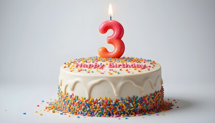 
Happy birthday cake with colorful frosting, sprinkles, and a big number 3 candle on top, cheerful and fun, white background