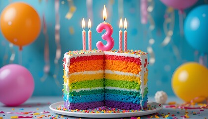 Bright and playful birthday cake with rainbow layers, number 3 candle burning on top, balloons and party streamers in the background, vibrant and happy