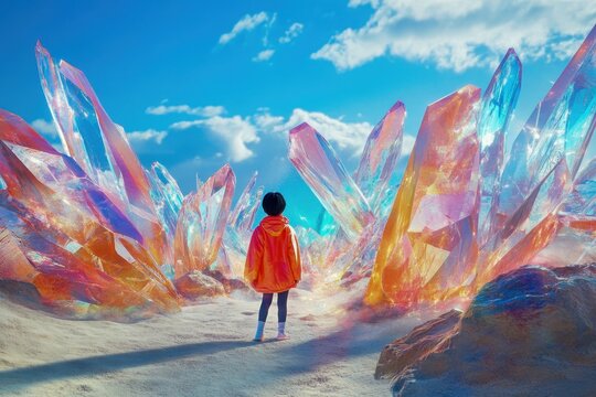 A child standing in a vibrant desert of floating crystal shards