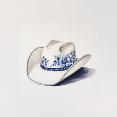 White Cowgirl Hat with Blue Chinoiserie Style Florals