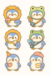 Collection of Adorable Cartoon Penguin  Dressed in Costume - Sticker Pack Illustrations