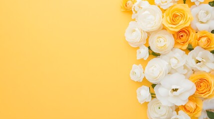 White and yellow ranunculus flowers on vibrant yellow background, Spring floral flat lay, Minimal botanical layout, Wedding design with copy space

