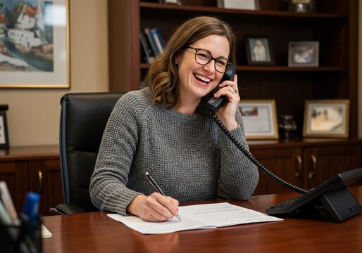 Smiling woman with glasses on phone taking notes at a wooden desk