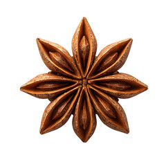 Close up of a single star anise spice with eight pointed lobes and seeds isolated on transparent background