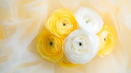 Closeup of yellow and white ranunculus flowers with sheer background, Romantic spring floral bouquet, Wedding flower detail, Bright botanical composition

