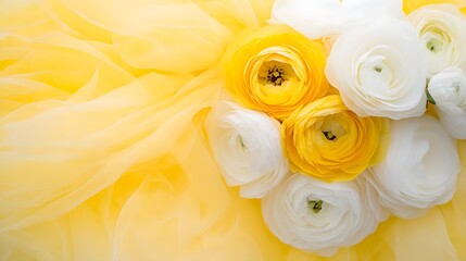 Yellow and white ranunculus flowers on sheer fabric background, Bright floral bouquet composition, Romantic spring flower photography, Wedding flat lay with copy space

