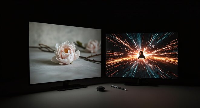 Dual Computer Monitors Displaying Artistic Floral and Dynamic Digital Art in Dark Office Setting
