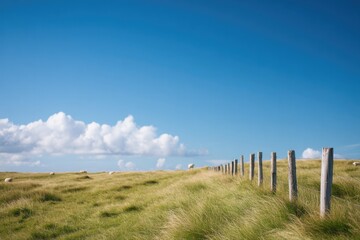 Obraz premium sheep grazing near fence on green hill under blue sky