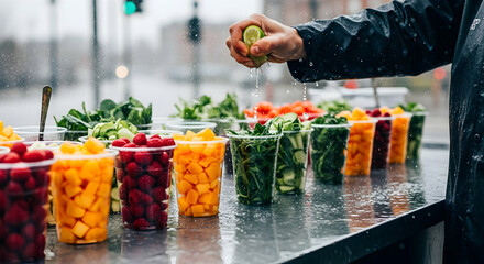 "Vibrant Fresh Fruit Juices and Chopped Fruit Cups at Market Stall"

