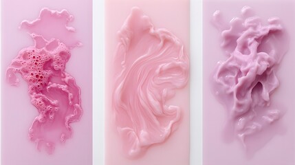Three panels with pink sculptural textures, Abstract fluid shapes on pastel background, Minimal artistic composition, Modern wall art design with copy space

