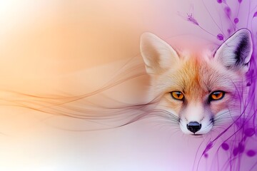 Fox face emerging from abstract pastel background, Wild animal portrait art, Nature inspired digital illustration, Fantasy wildlife design with copy space

