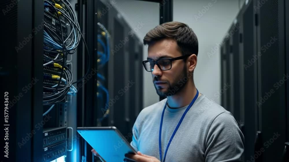 Poster man with tablet inspecting server rack data center room