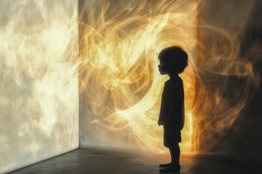 A child's shadow morphing into an abstract sculpture of light