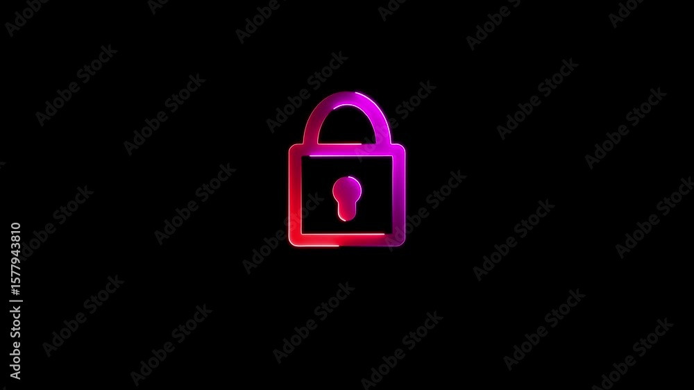 Poster neon dynamic lock icon. glowing neon lock animation icon on black background. padlock shield animate