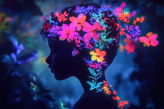 A child's silhouette filled with blooming neon flora against a dark void