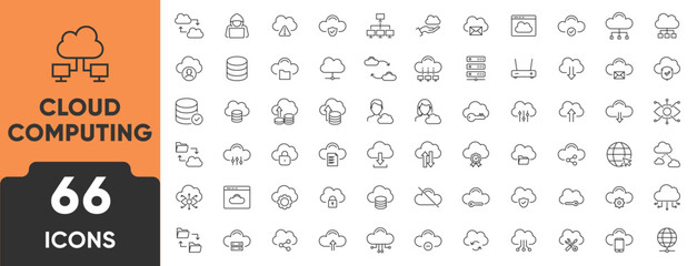 Cloud Computing Line Icon Set. Set of 66 outline icons including cloud, server, data storage, firewall, encryption, security, and digital services. Editable stroke. Linear vector illustration.